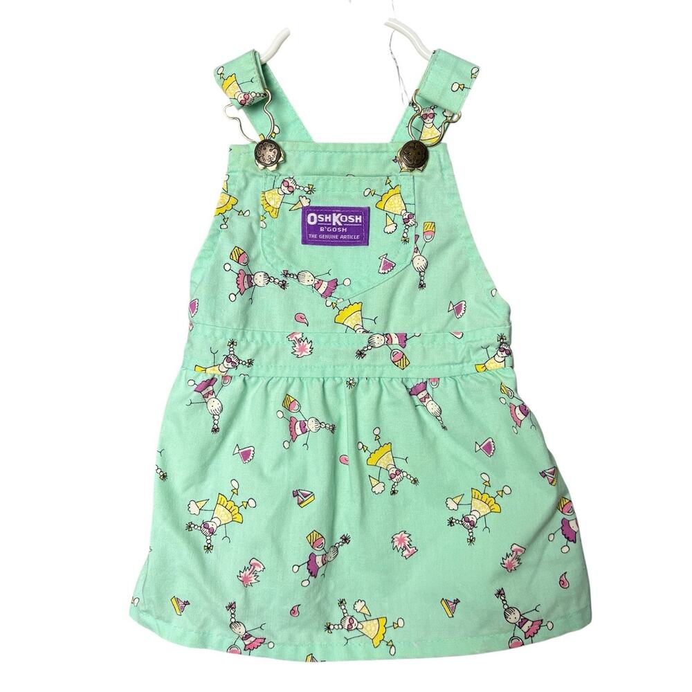 Vintage OshKosh B’gosh Jumper Dress Lt Green Print Made USA Girls 12M